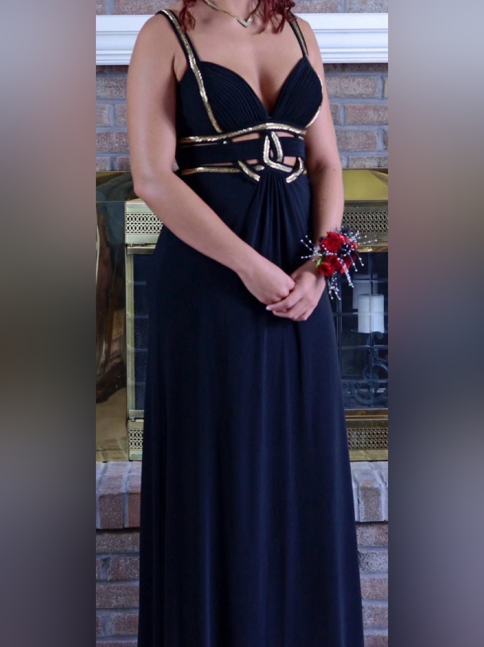 Betsy & Adam Black Maxi Dress with Gold Trim